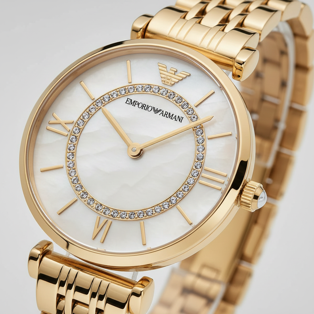 Emporio Armani Gianni T-Bar AR1907 32mm Women's Quartz Watch – Mother-of-Pearl & Gold-Tone Stainless Steel Bracelet