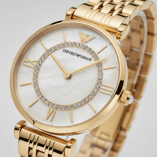 Emporio Armani Gianni T-Bar AR1907 32mm Women's Quartz Watch – Mother-of-Pearl & Gold-Tone Stainless Steel Bracelet