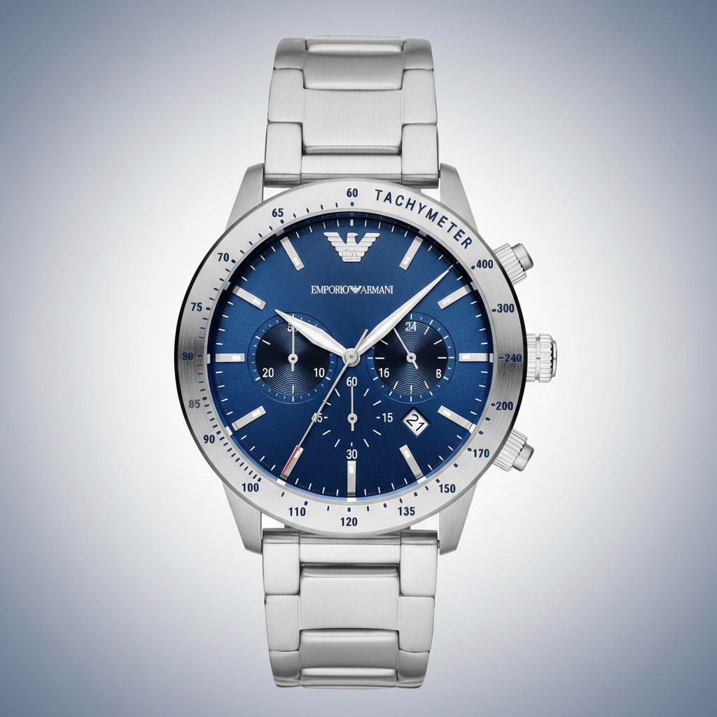Emporio Armani Signature AR11306 43mm Men's Chronograph Watch – Blue Sunray & Silver-Tone Stainless Steel Bracelet