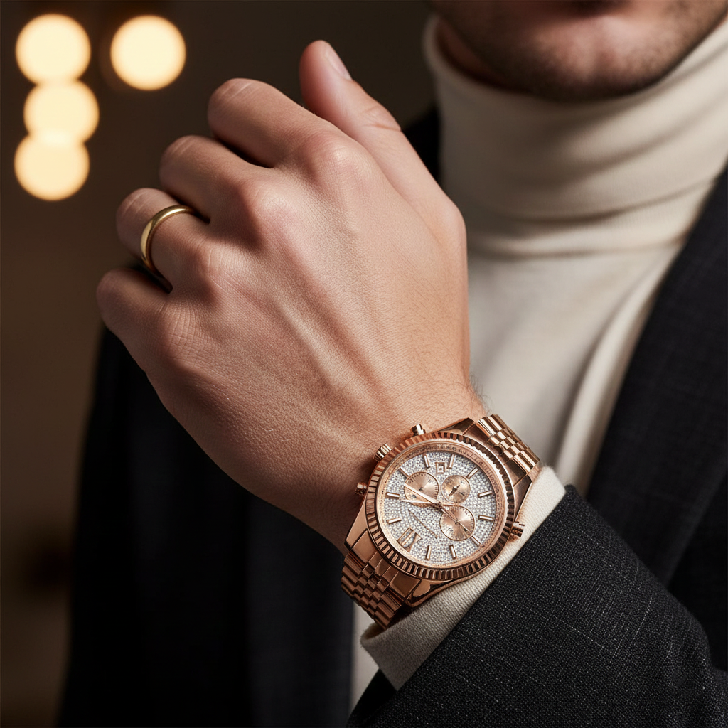 Michael Kors Lexington MK8580 45mm Men's Chronograph Watch – Rose Gold Crystal-Set & Rose Gold-Tone Stainless Steel Bracelet