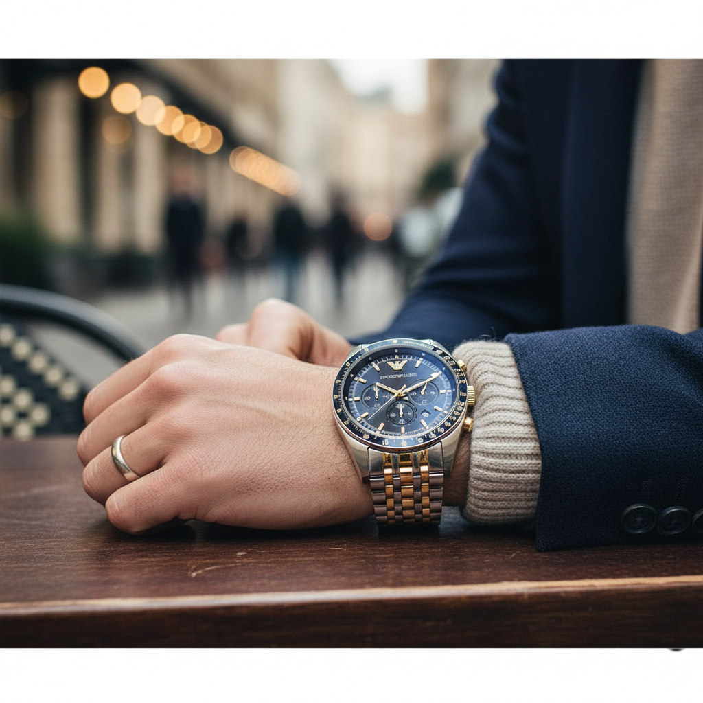 Emporio Armani Tazio AR6088 43mm Men's Chronograph Watch – Blue & Two-Tone Stainless Steel Bracelet
