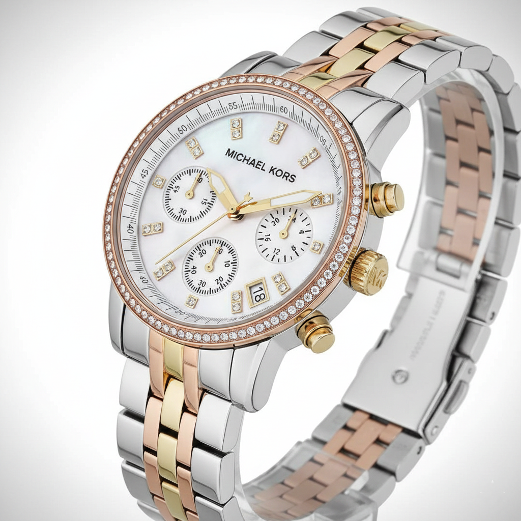 Michael Kors Ritz MK5650 37mm Women's Chronograph Watch – Mother Of Pearl with Two-Tone Stainless Steel Bracelet