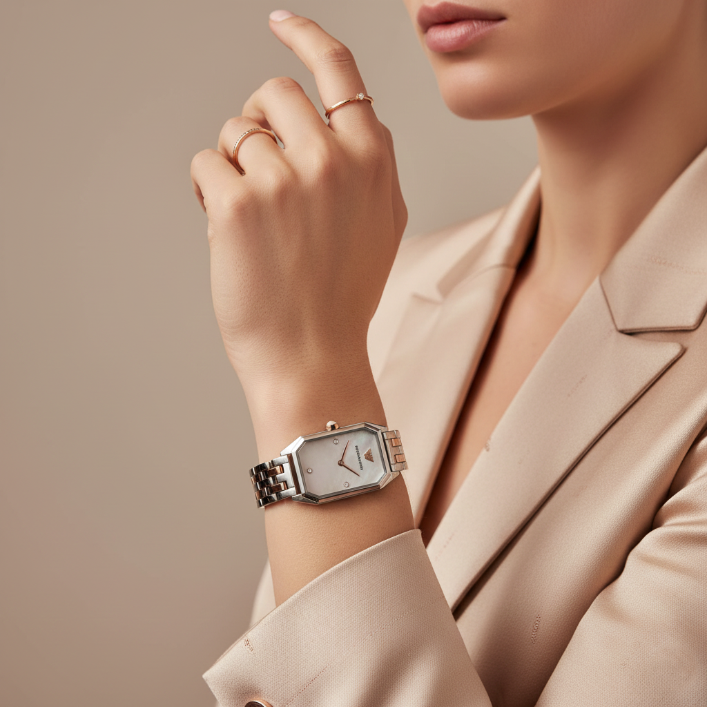 Emporio Armani Gioia AR11146 22mm Women's Quartz Watch – Mother-of-Pearl & Two-Tone Silver and Rose Gold Stainless Steel Bracelet
