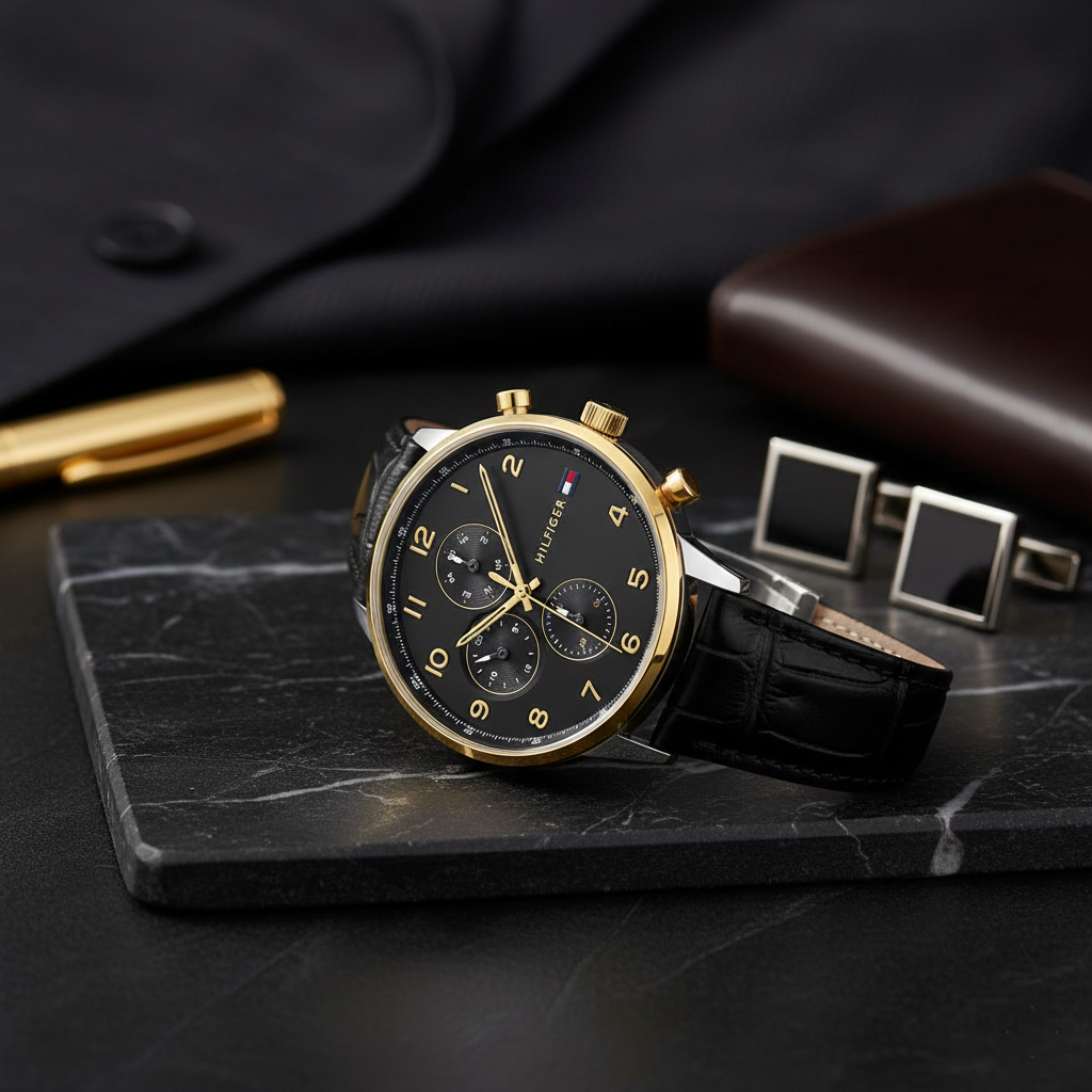 Tommy Hilfiger Leonard 1791986 44mm Men's Multi-Function Watch – Black & Black Genuine Leather Strap