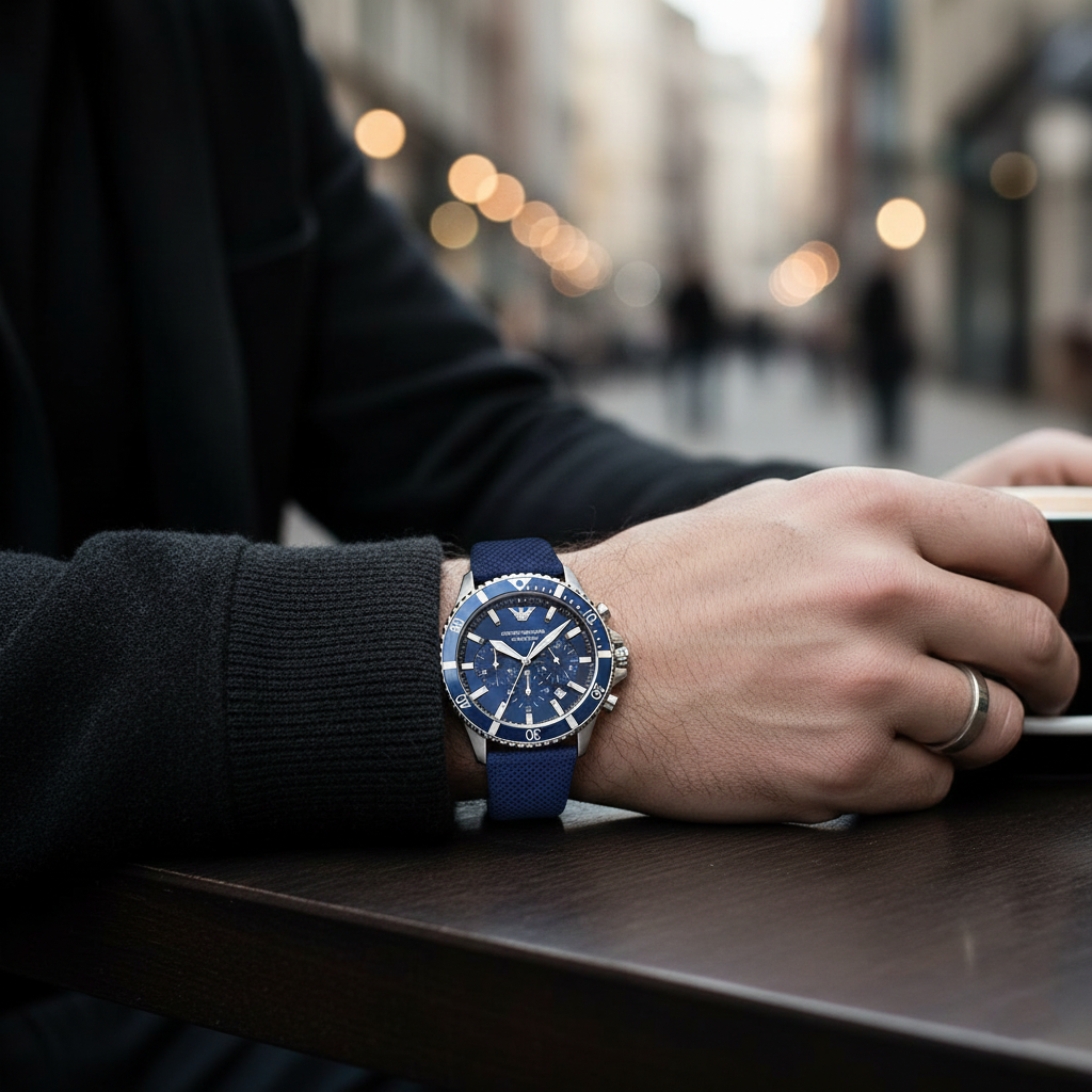 Emporio Armani Diver AR11588 43mm Men's Chronograph Watch – Blue Sunray & Blue Textile Strap
