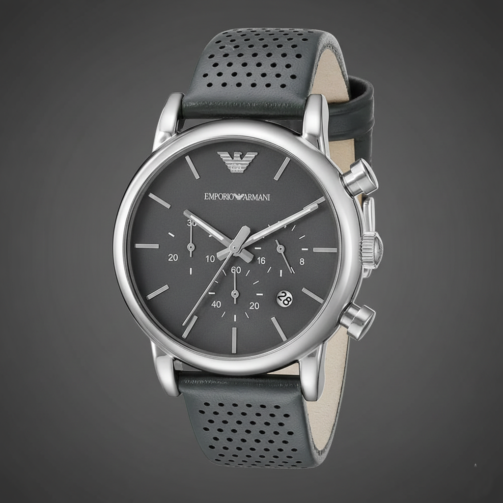 Emporio Armani Luigi AR1735 43mm Men's Chronograph Watch – Grey & Grey Genuine Leather Strap