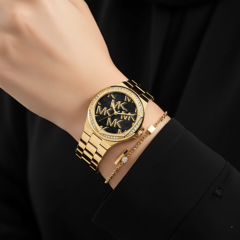Michael Kors Signature MK7404 38mm Women's Quartz Watch – Black with Gold Stainless Steel Bracelet