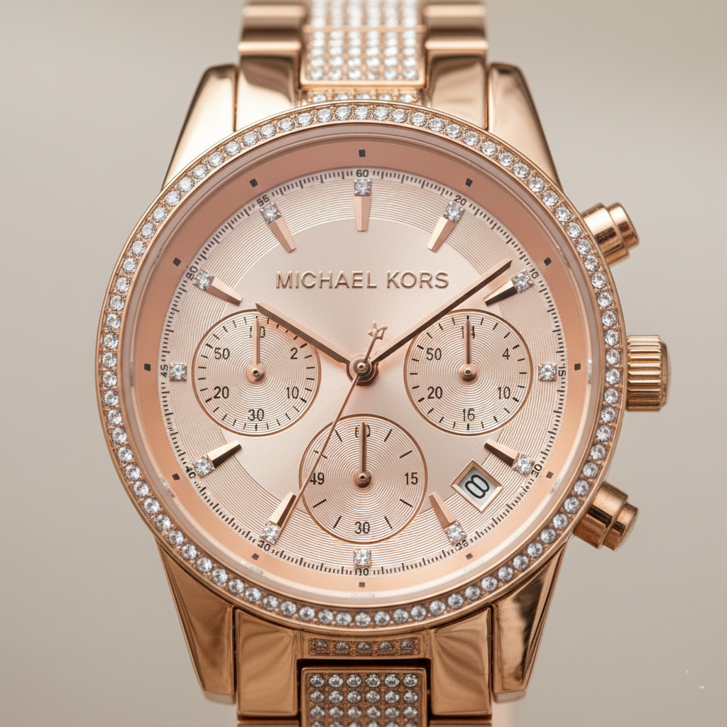 Michael Kors Ritz MK6485 37mm Women's Chronograph Watch – Sunray Rose Gold with Rose Gold Stainless Steel Bracelet