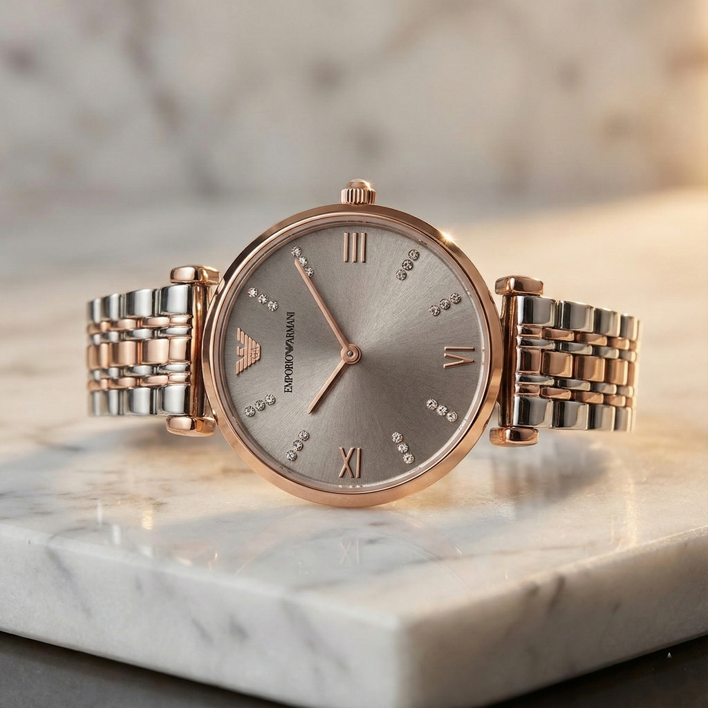 Emporio Armani Gianni T-Bar AR1840 32mm Women's Quartz Watch – White Sunray & Rose Gold Stainless Steel Bracelet