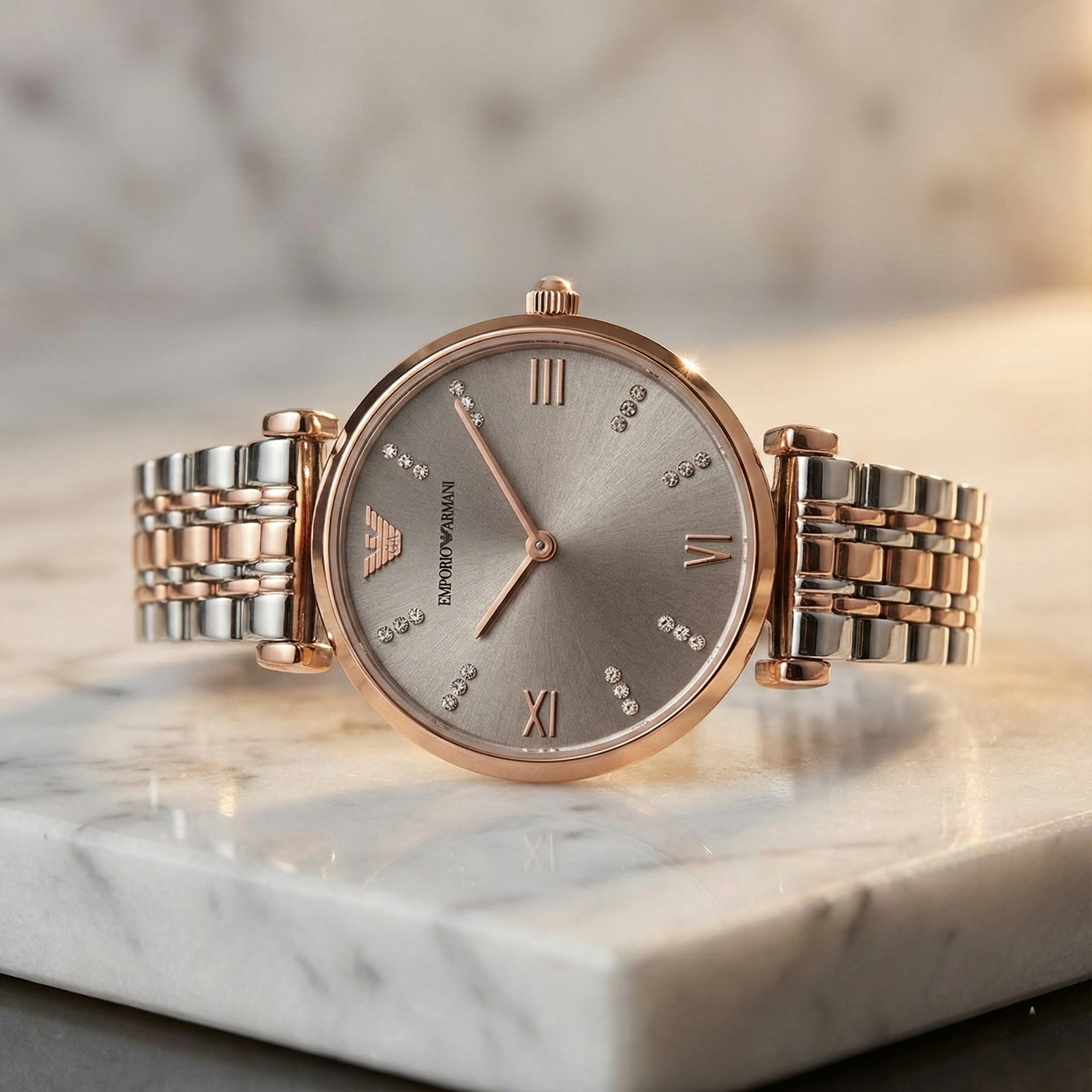 Emporio Armani Gianni T-Bar AR1840 32mm Women's Quartz Watch – White Sunray & Rose Gold Stainless Steel Bracelet
