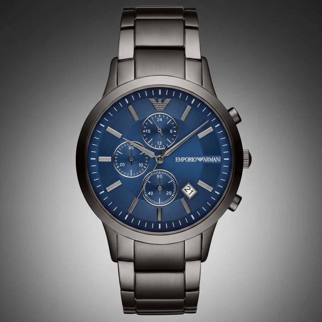 Emporio Armani Renato AR11215 43mm Men's Chronograph Watch – Blue Sunray & Gunmetal Stainless Steel Bracelet