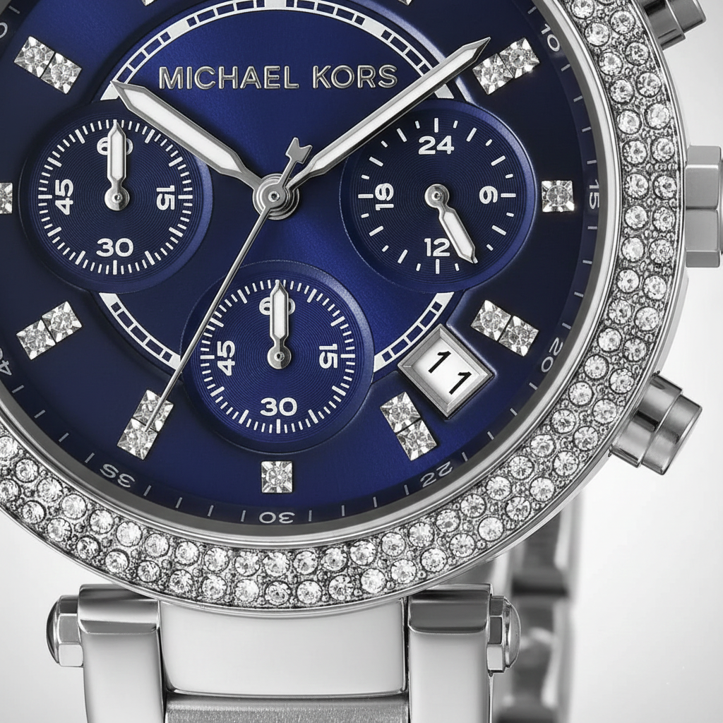 Michael Kors Parker MK6117 39mm Women's Chronograph Watch – Blue with Silver Stainless Steel Bracelet