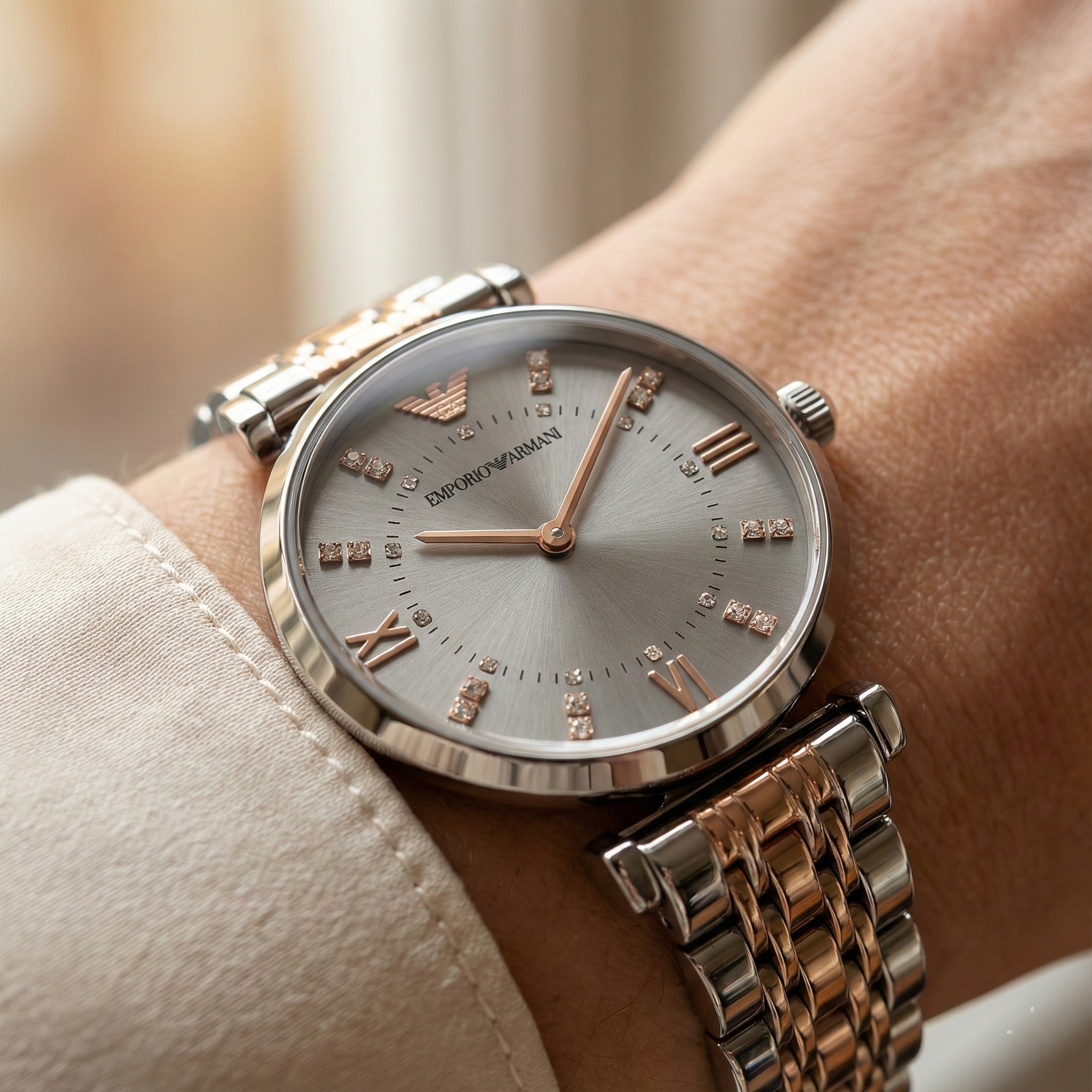 Emporio Armani Gianni T-Bar AR1840 32mm Women's Quartz Watch – White Sunray & Rose Gold Stainless Steel Bracelet