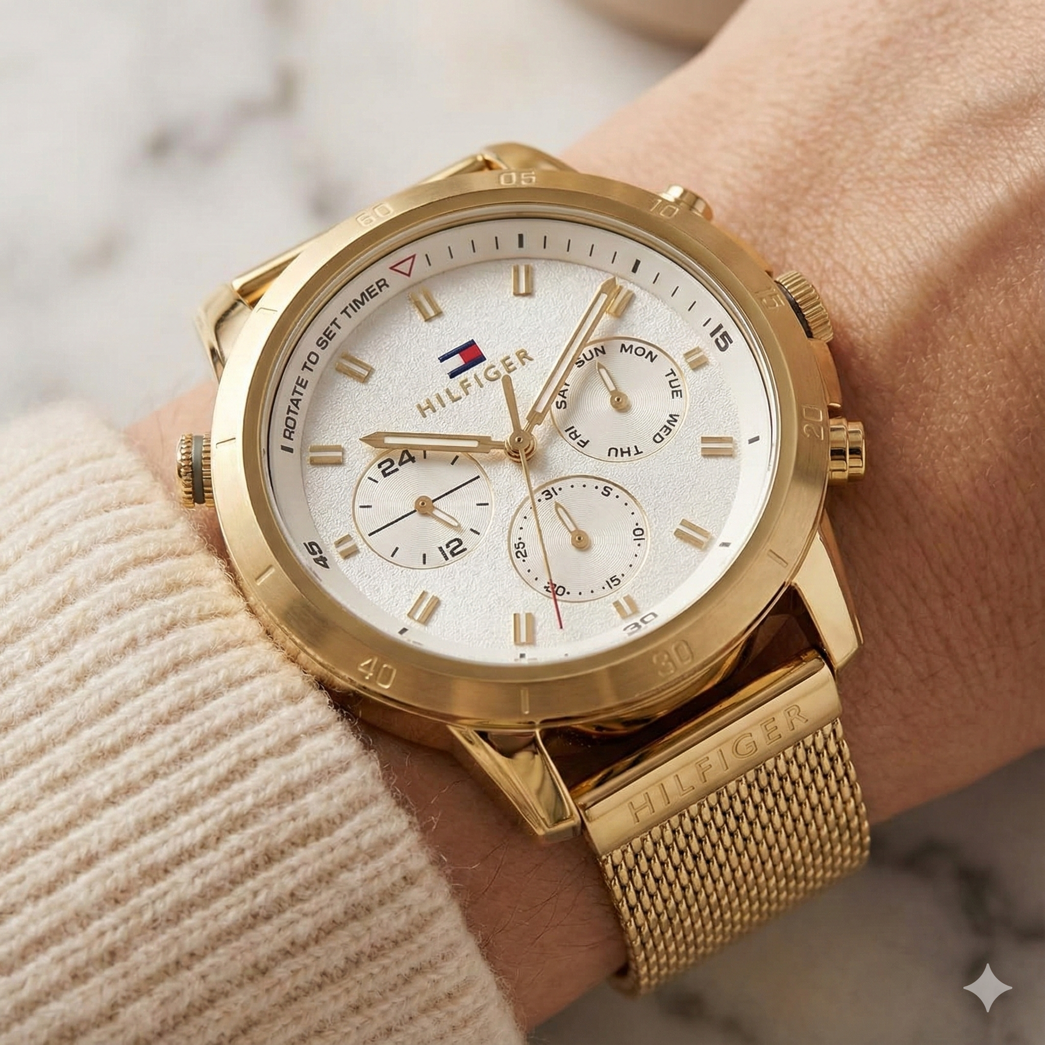 Tommy Hilfiger Signature 1782302 Women's Multi-Function Watch – White & Gold Stainless Steel Mesh Bracelet