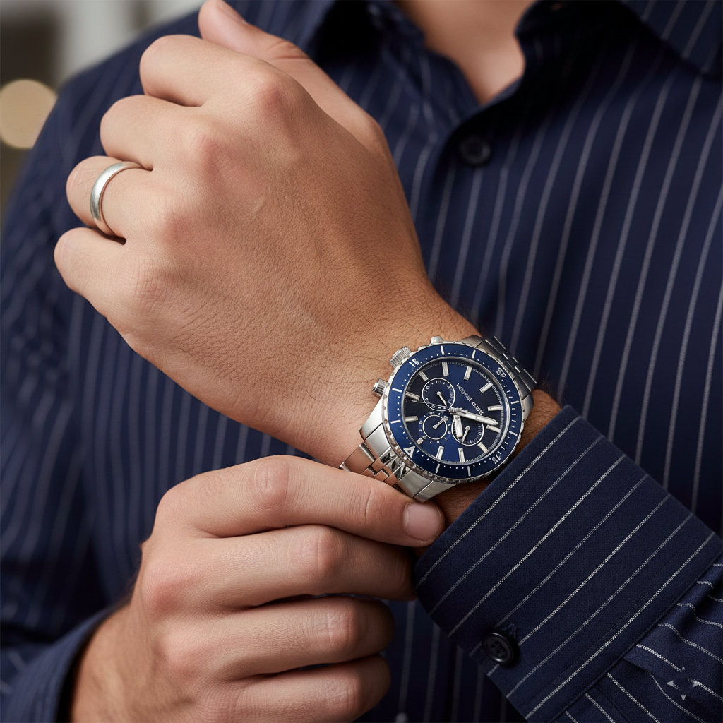Michael Kors Cunningham MK7153 43mm Men's Chronograph Watch – Blue & Silver-Tone Stainless Steel Bracelet