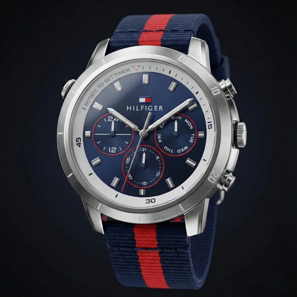 Tommy Hilfiger Signature 1792124 Men's Chronograph Watch – Blue & Navy-Red Textile Strap