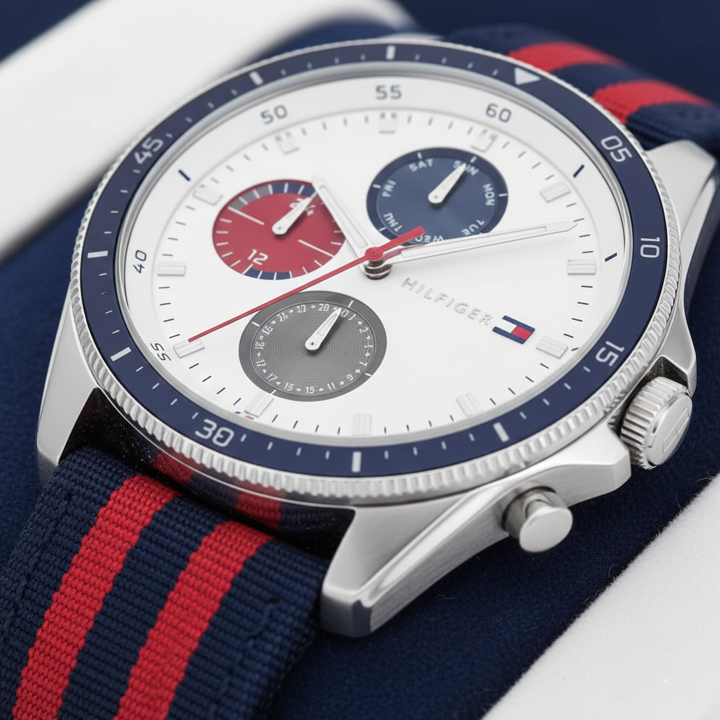 Tommy Hilfiger Signature 1792035 44mm Men's Multi-Function Watch – White & Navy-Red Textile Strap