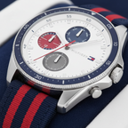Tommy Hilfiger Signature 1792035 44mm Men's Multi-Function Watch – White & Navy-Red Textile Strap