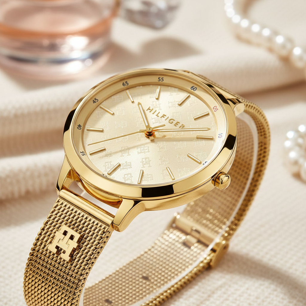 Tommy Hilfiger Signature 1782588 38mm Women's Quartz Watch – Gold Monogram & Gold Stainless Steel Mesh Bracelet