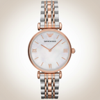 Emporio Armani Gianni T-Bar AR1683 32mm Women's Quartz Watch – Mother-of-Pearl & Two-Tone Silver and Rose Gold Stainless Steel Bracelet