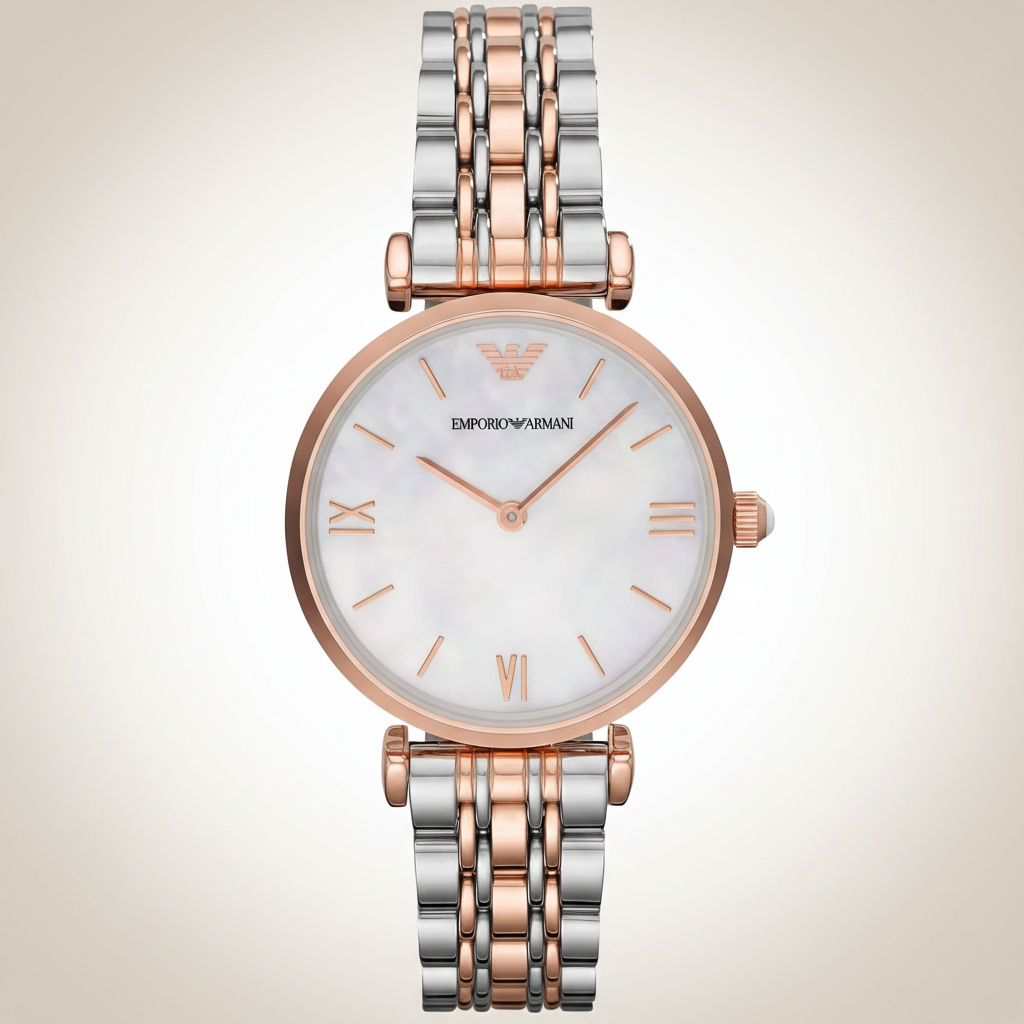 Emporio Armani Gianni T-Bar AR1683 32mm Women's Quartz Watch – Mother-of-Pearl & Two-Tone Silver and Rose Gold Stainless Steel Bracelet
