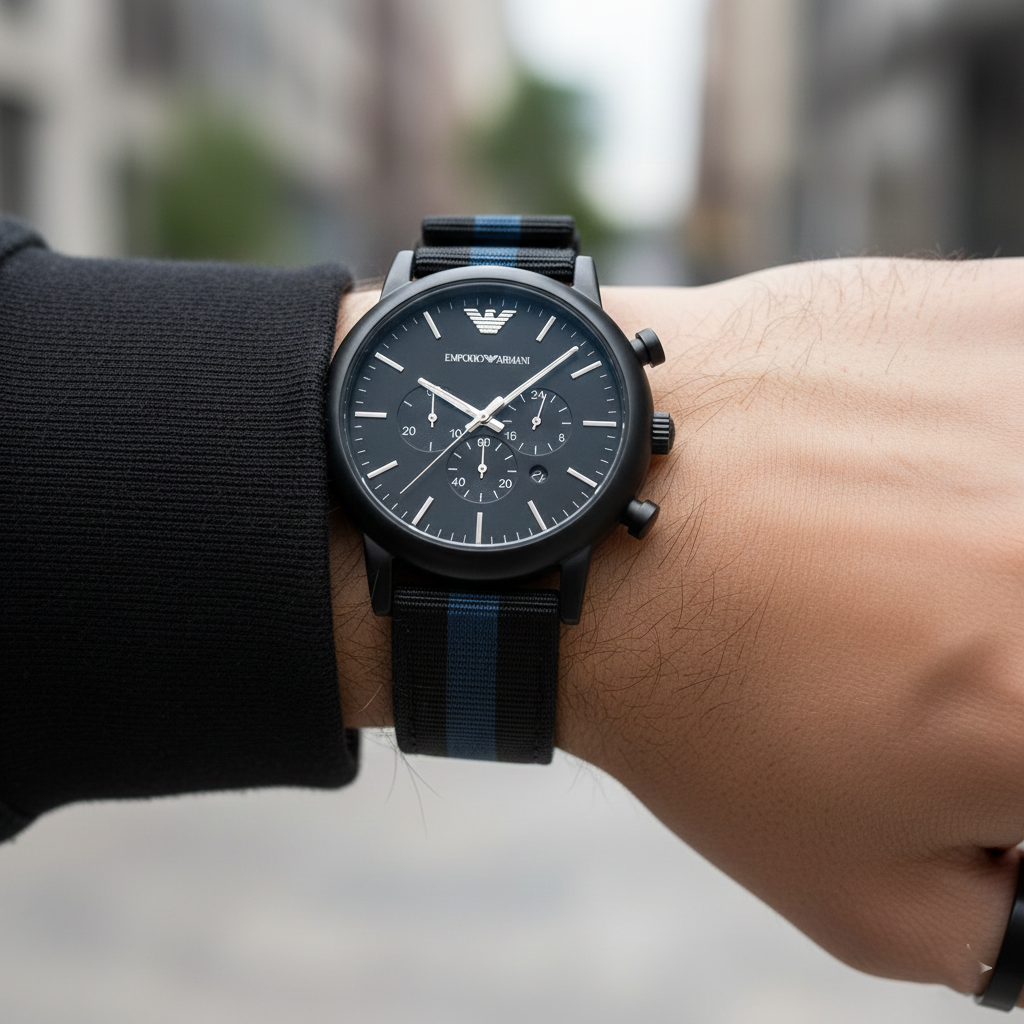 Emporio Armani Luigi AR1948 Men's Chronograph Watch – Black & Blue Textile Strap