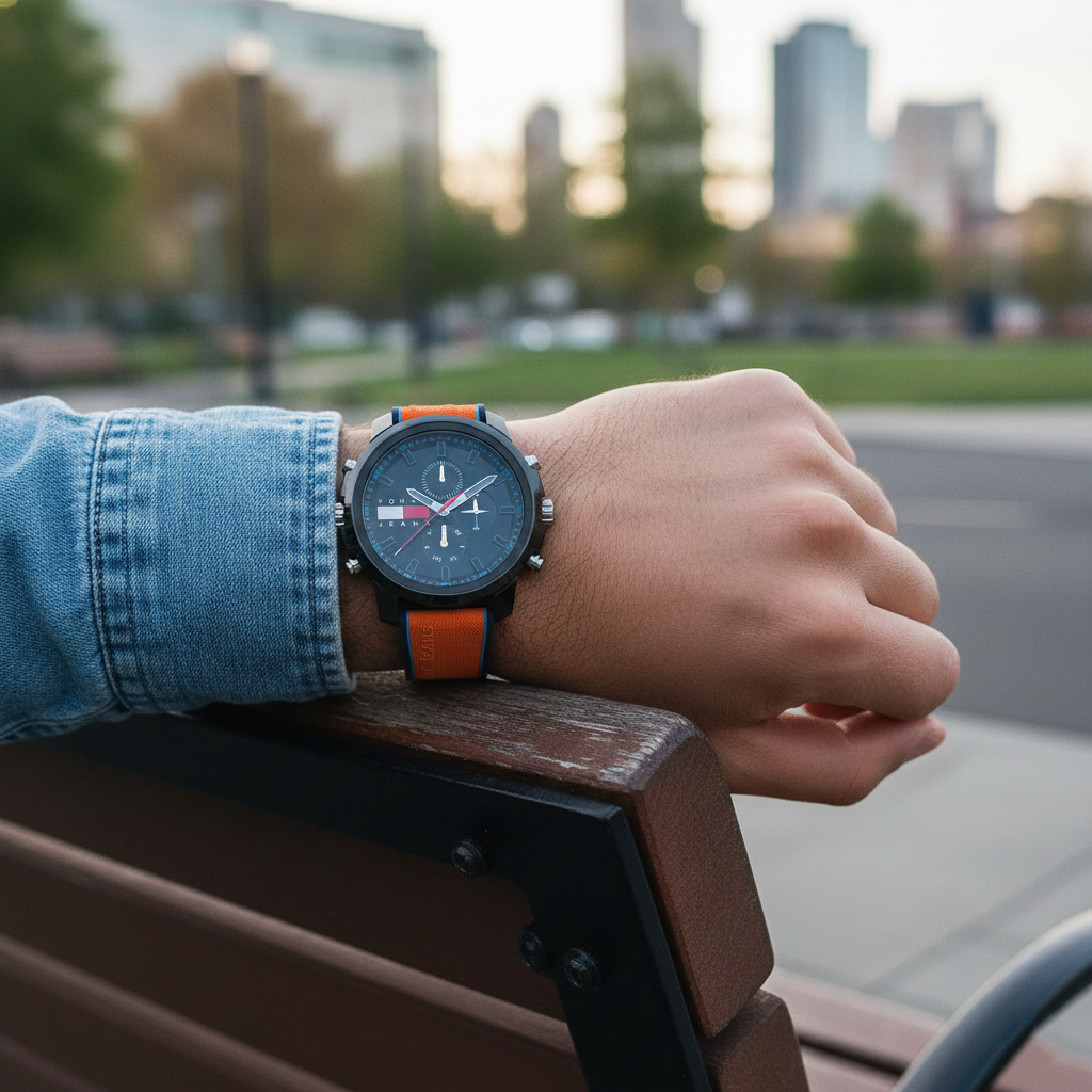 Tommy Hilfiger Jeans Sport 1710583 Men's Quartz Watch – Black & Orange Silicone Strap