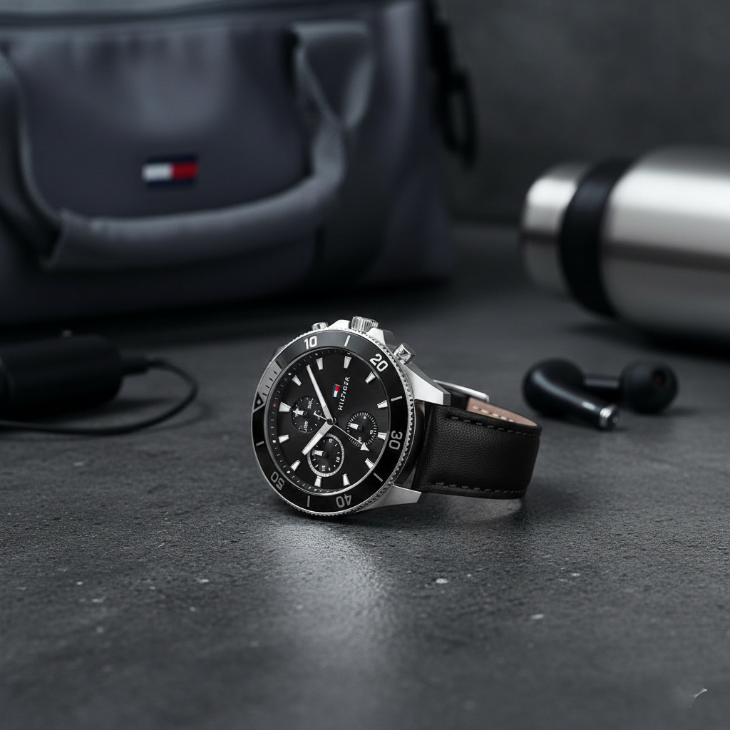Tommy Hilfiger Larson 1791984 46mm Men's Multi-Function Watch – Black & Black Genuine Leather Strap