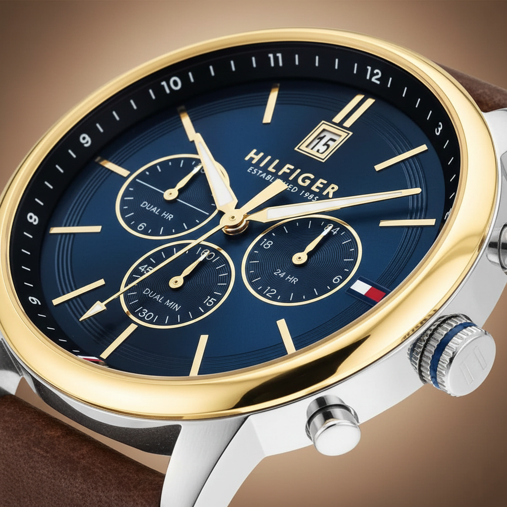 Tommy Hilfiger Kyle 1791980 44mm Men's Multi-Function Watch – Blue & Brown Genuine Leather Strap
