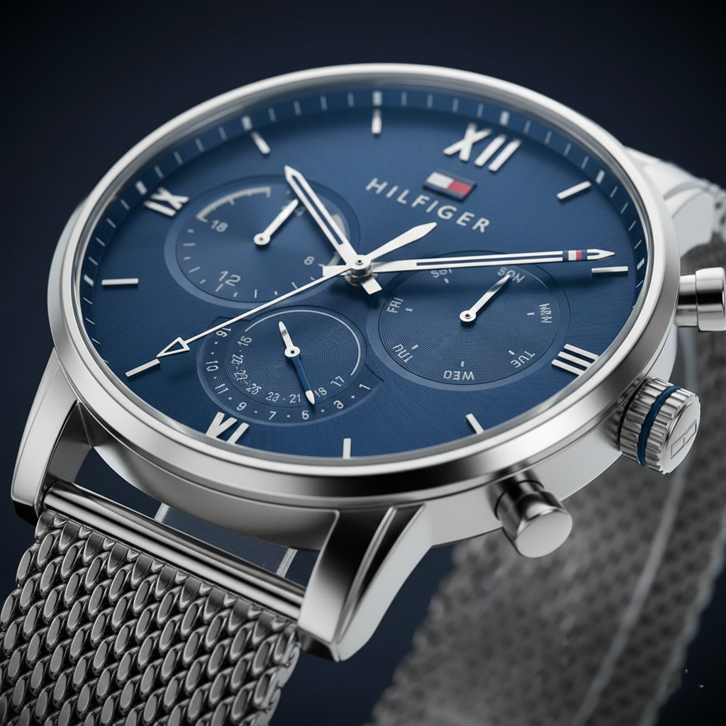 Tommy Hilfiger Sullivan 1791881 44mm Men's Multi-Function Watch – Blue & Silver Stainless Steel Mesh Bracelet