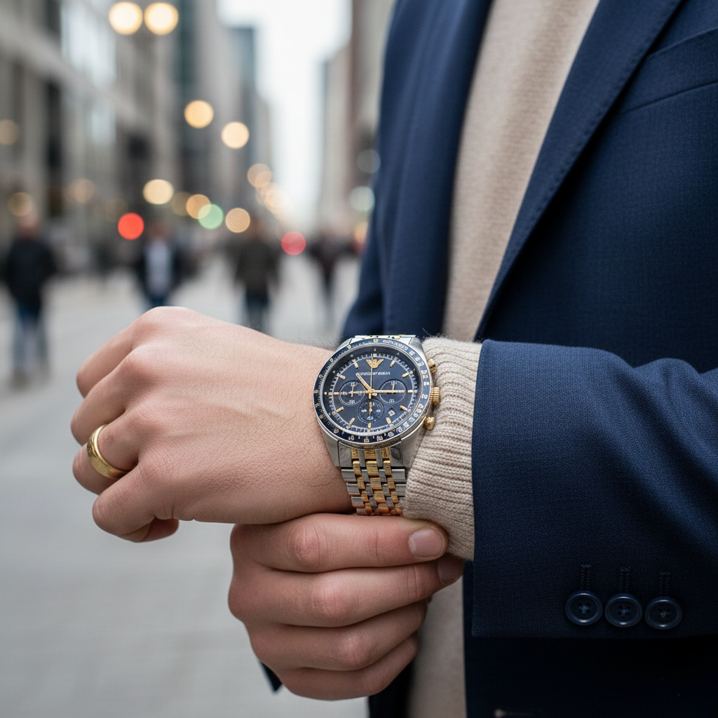 Emporio Armani Tazio AR6088 43mm Men's Chronograph Watch – Blue & Two-Tone Stainless Steel Bracelet