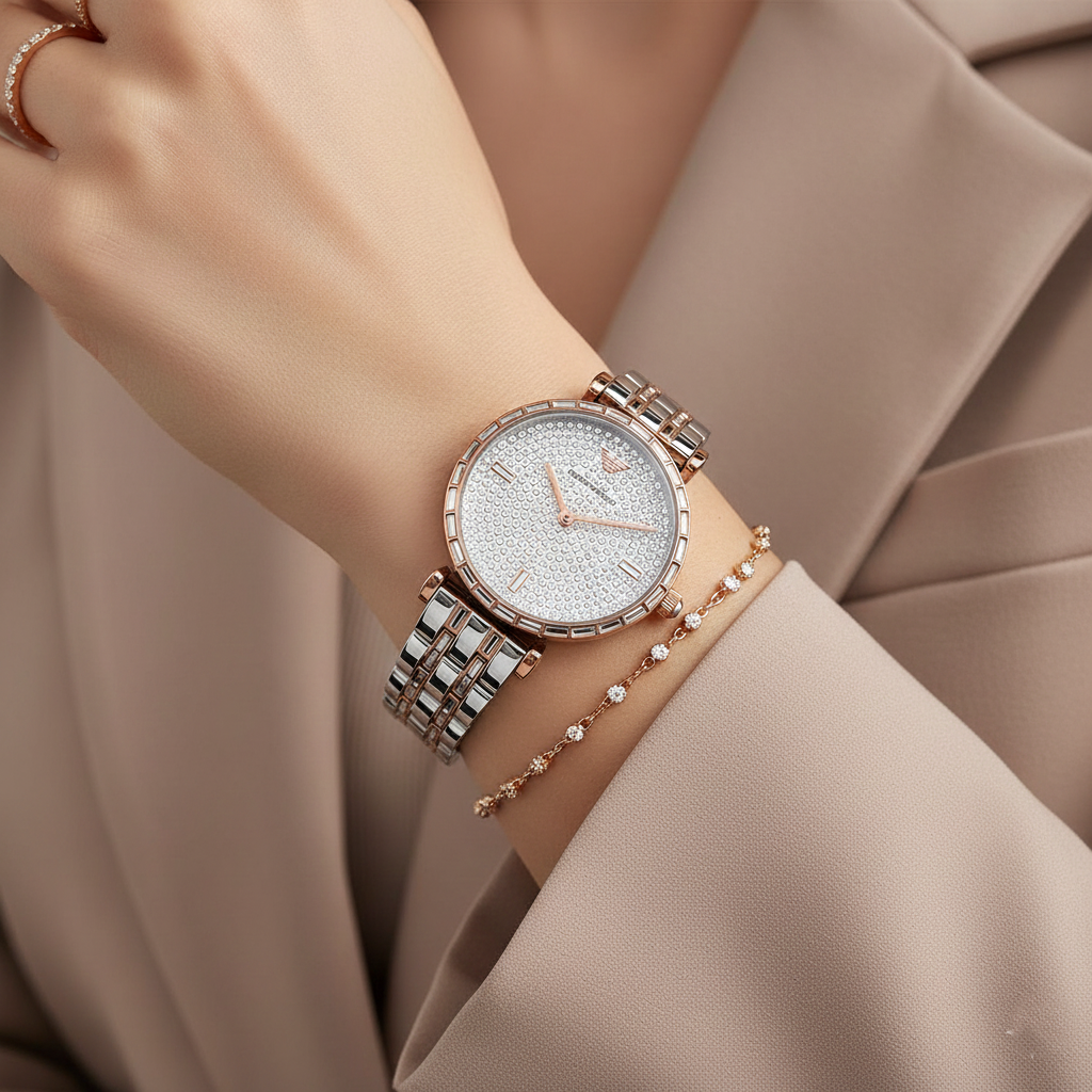 Emporio Armani Gianni T-Bar AR11293 32mm Women's Quartz Watch – Rose Gold Crystal-Set & Two-Tone Silver and Rose Gold Stainless Steel Bracelet