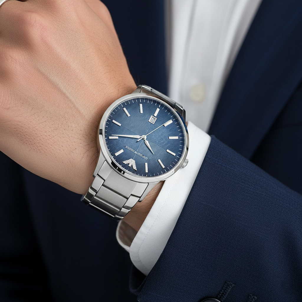 Emporio Armani Renato AR2472 43mm Men's Quartz Watch – Blue Textured & Blue Stainless Steel Bracelet