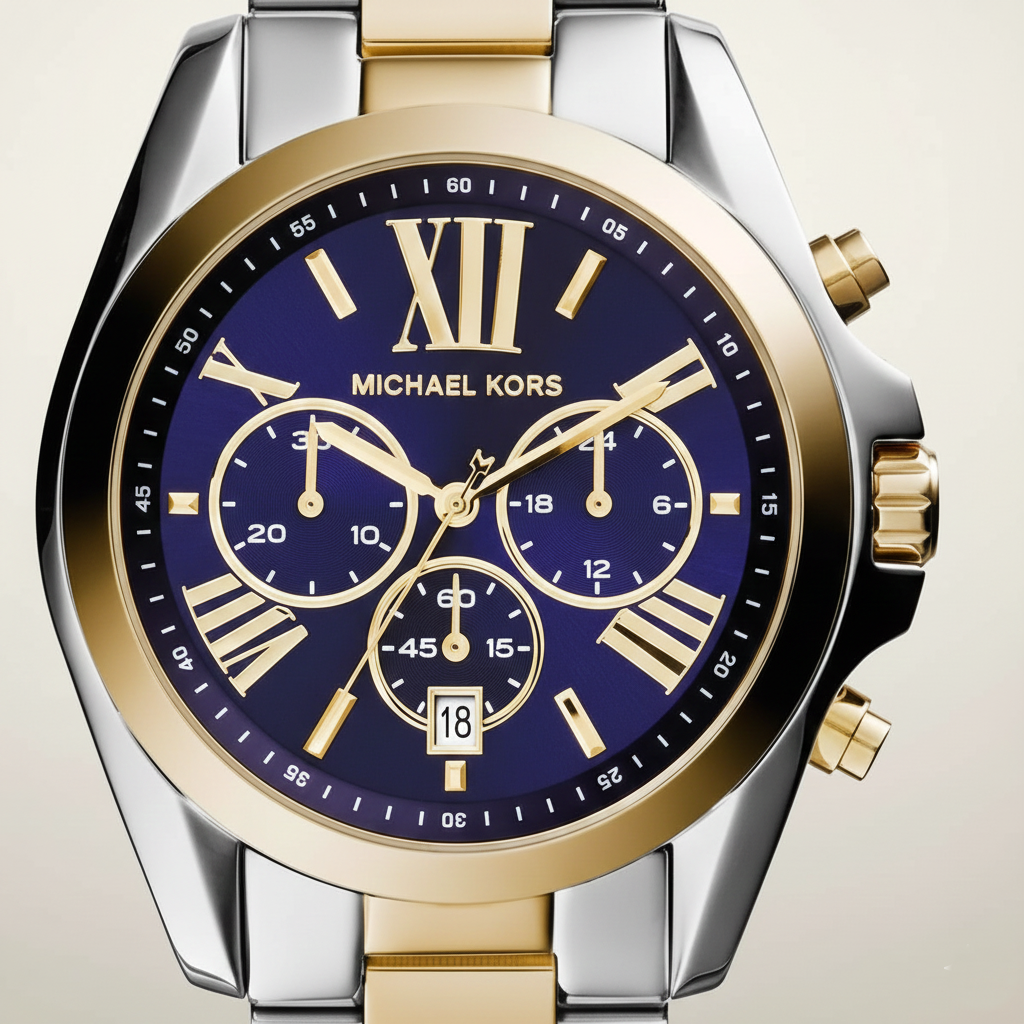 Michael Kors Bradshaw MK5976 43mm Women's Chronograph Watch – Navy Blue with Two-Tone Stainless Steel Bracelet