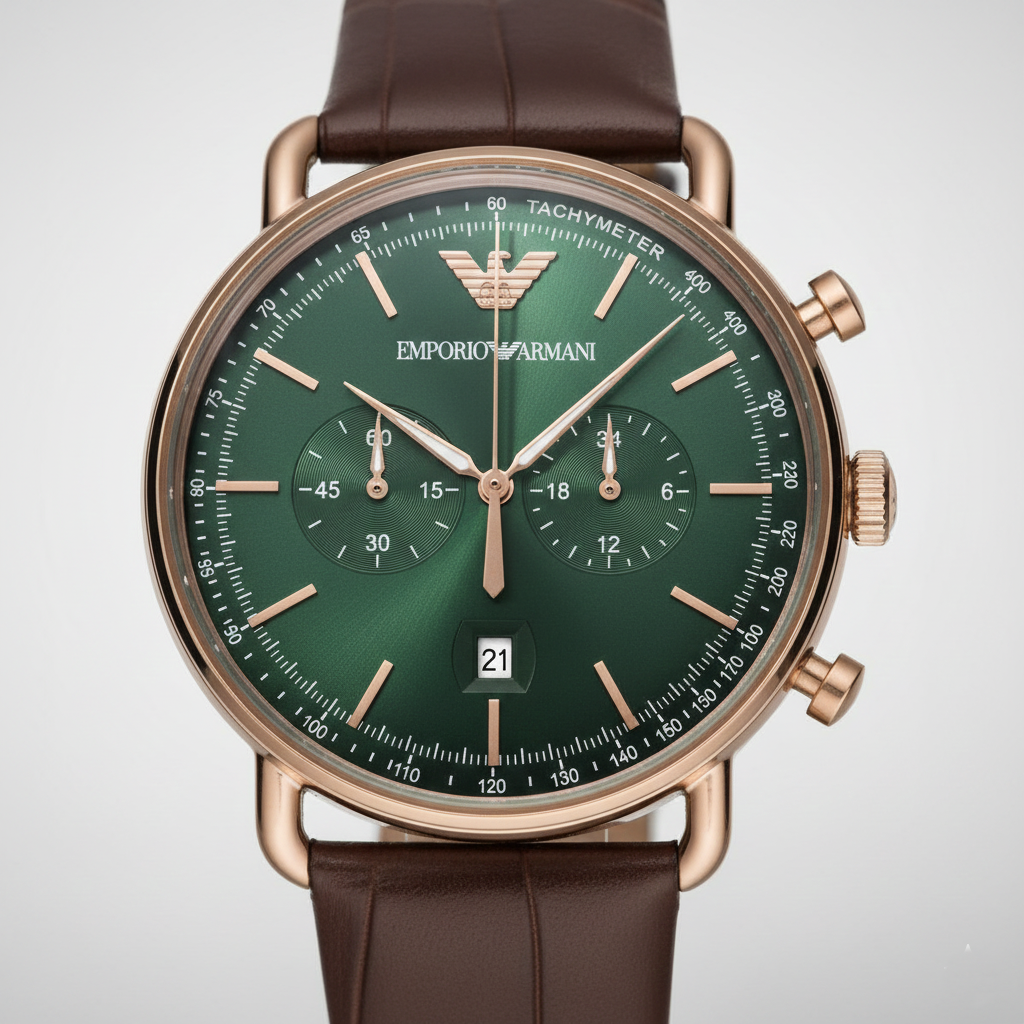 Emporio Armani Aviator AR11334 43mm Men's Chronograph Watch – Green & Rose Gold Genuine Leather Strap