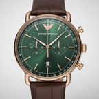Emporio Armani Aviator AR11334 43mm Men's Chronograph Watch – Green & Rose Gold Genuine Leather Strap