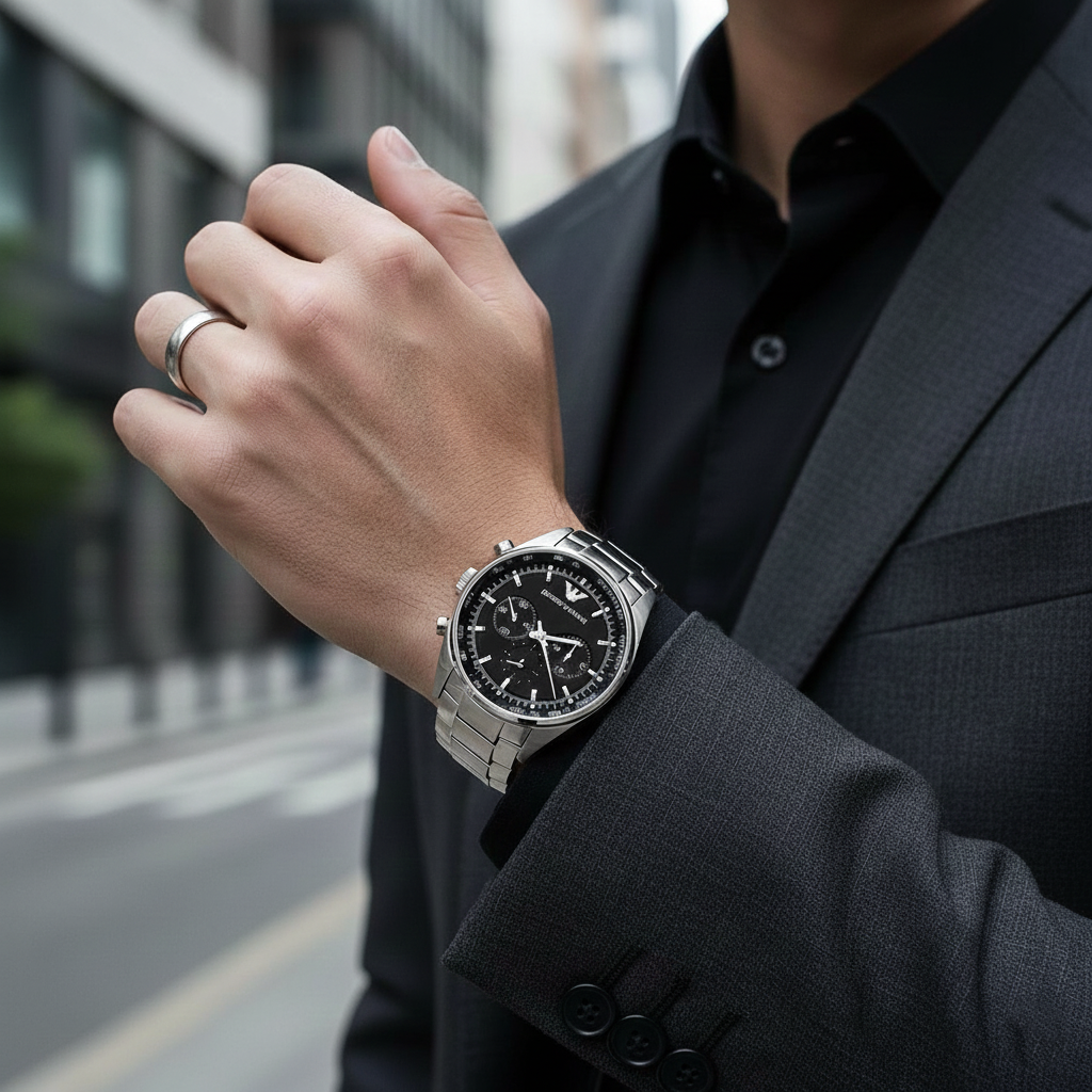 Emporio Armani Tazio AR5980 46mm Men's Chronograph Watch – Black & Black Stainless Steel Bracelet