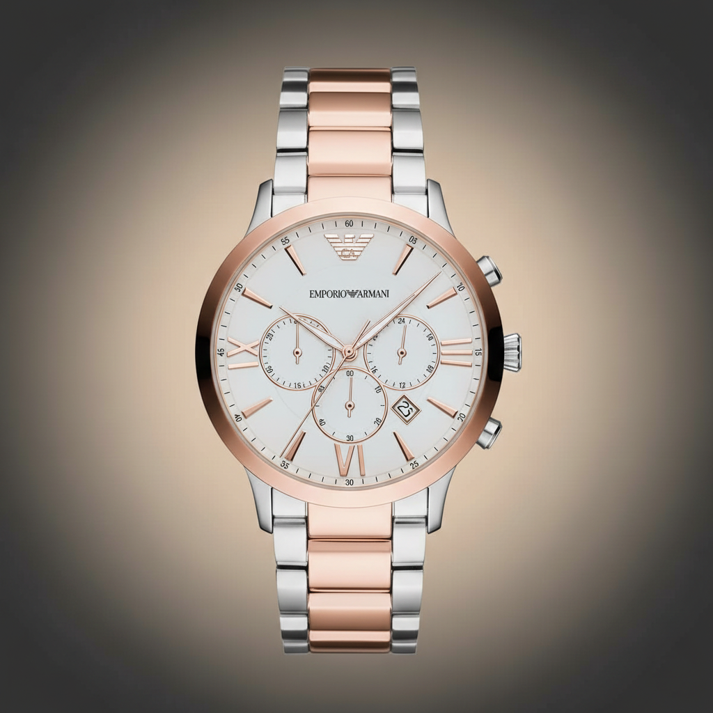 Emporio Armani Giovanni AR11209 43mm Men's Chronograph Watch – White & Rose Gold Stainless Steel Bracelet