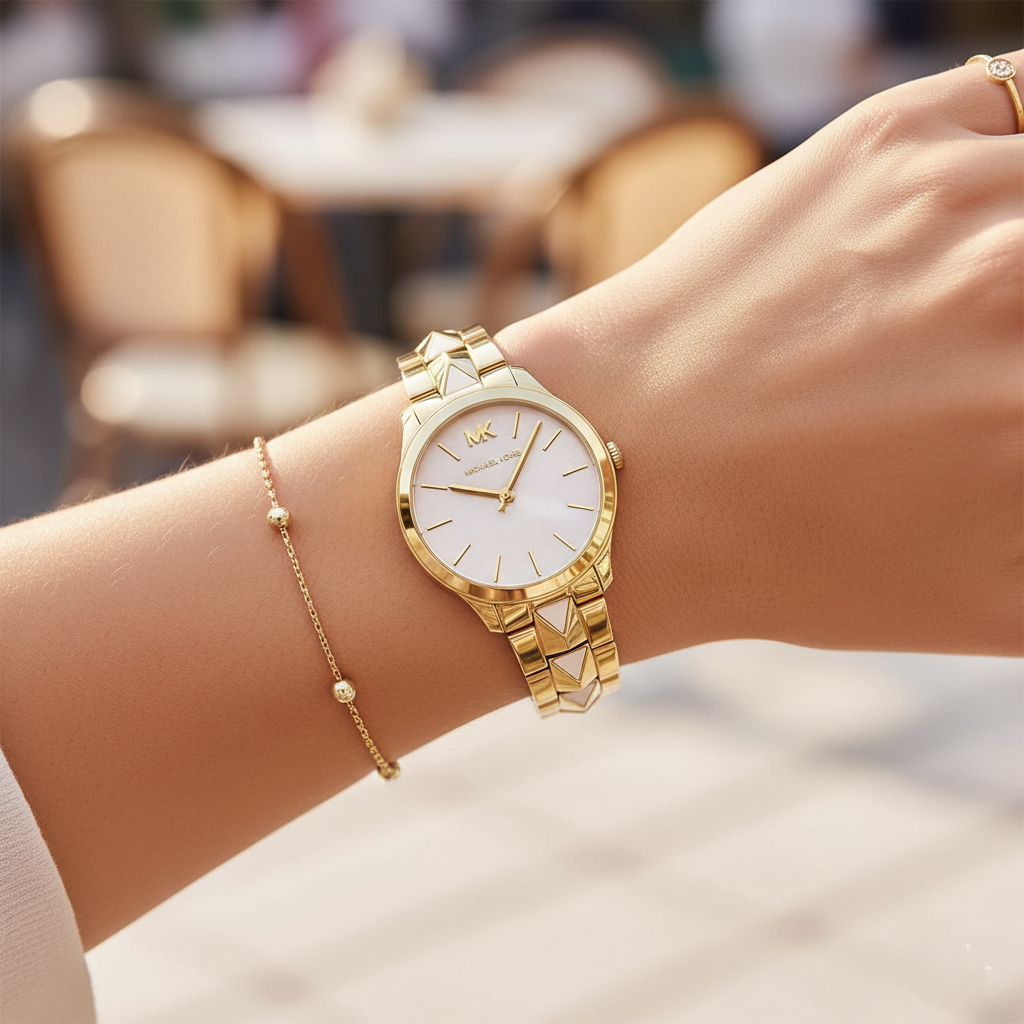 Michael Kors Runway MK6689 38mm Women's Quartz Watch – Mother-of-Pearl Gold with Gold Stainless Steel Bracelet