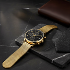 Tommy Hilfiger Leonard 1791989 44mm Men's Multi-Function Watch – Gold & Gold Stainless Steel Mesh Bracelet
