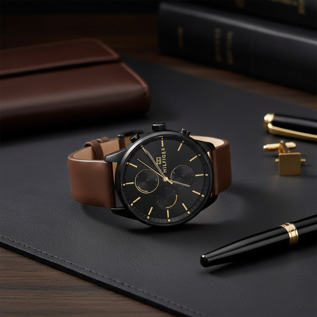 Tommy Hilfiger Chase 1791977 44mm Men's Multi-Function Watch – Black & Brown Genuine Leather Strap