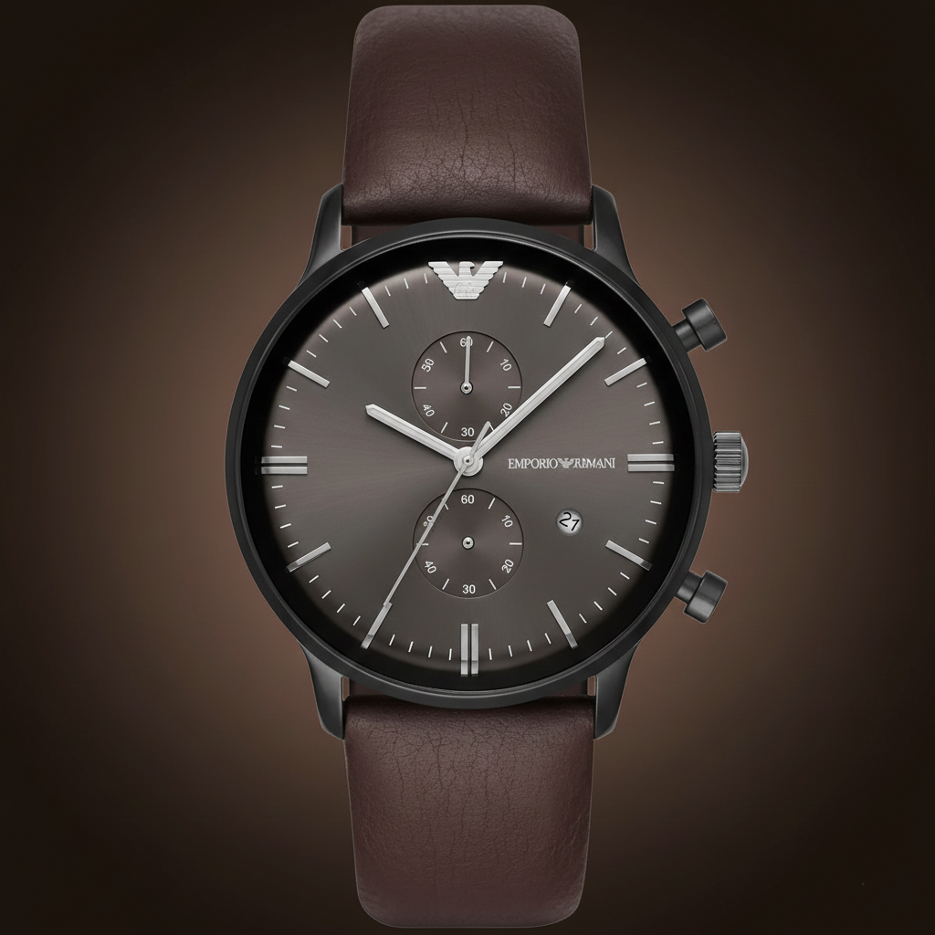 Emporio Armani Gianni AR1932 43mm Men's Chronograph Watch – Grey Sunray & Brown Genuine Leather Strap