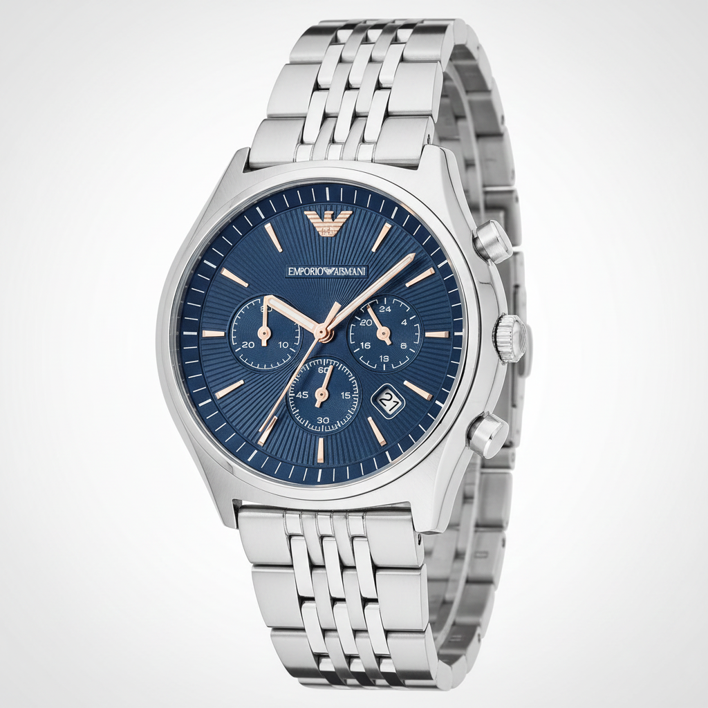 Emporio Armani Zeta AR1974 44mm Men's Chronograph Watch – Blue Sunray & Rose Gold Stainless Steel Bracelet