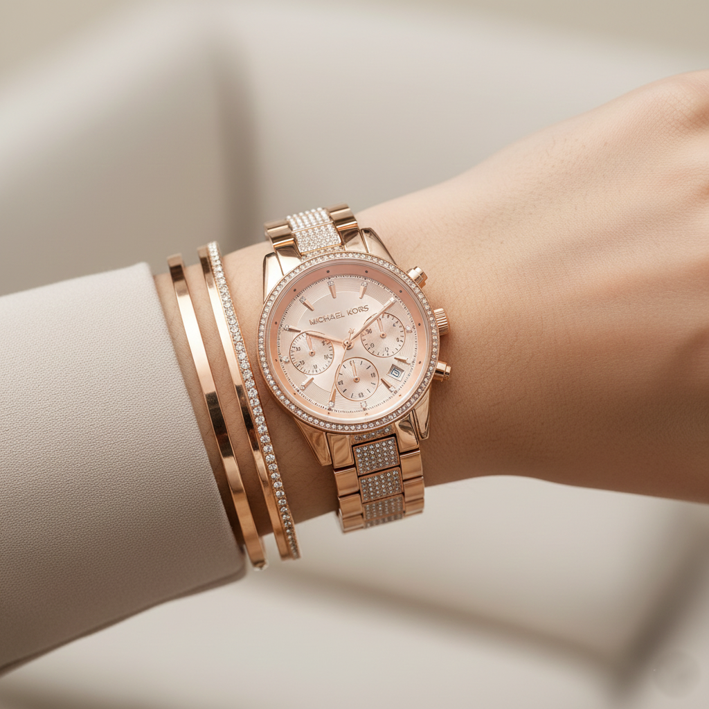 Michael Kors Ritz MK6485 37mm Women's Chronograph Watch – Sunray Rose Gold with Rose Gold Stainless Steel Bracelet