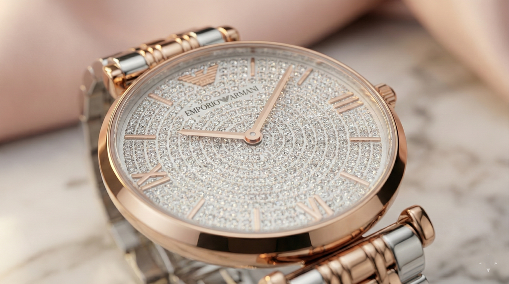 Emporio Armani Gianni T-Bar AR11537 32mm Women's Quartz Watch – Silver Crystal-Set Sunray & Two-Tone Silver and Rose Gold Stainless Steel Bracelet