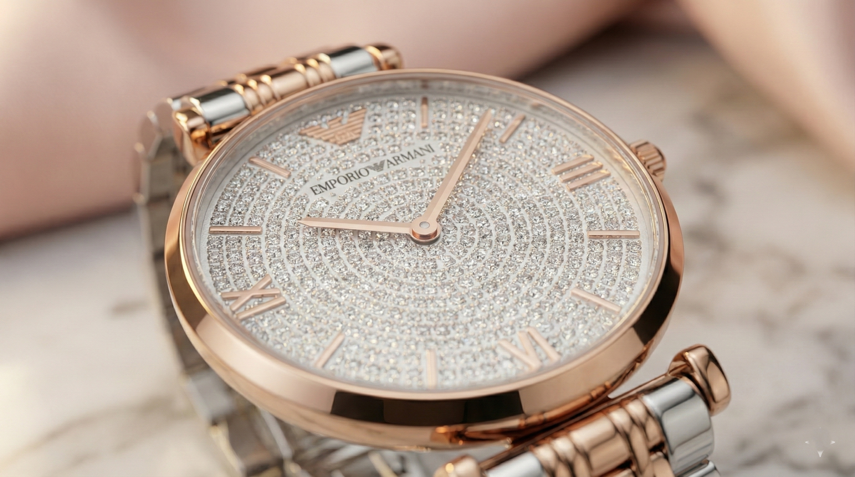 Emporio Armani Gianni T-Bar AR11537 32mm Women's Quartz Watch – Silver Crystal-Set Sunray & Two-Tone Silver and Rose Gold Stainless Steel Bracelet
