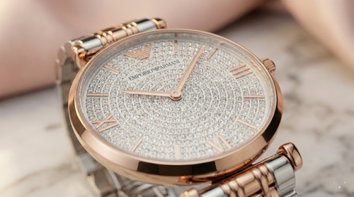 Emporio Armani Gianni T-Bar AR11537 32mm Women's Quartz Watch – Silver Crystal-Set Sunray & Two-Tone Silver and Rose Gold Stainless Steel Bracelet