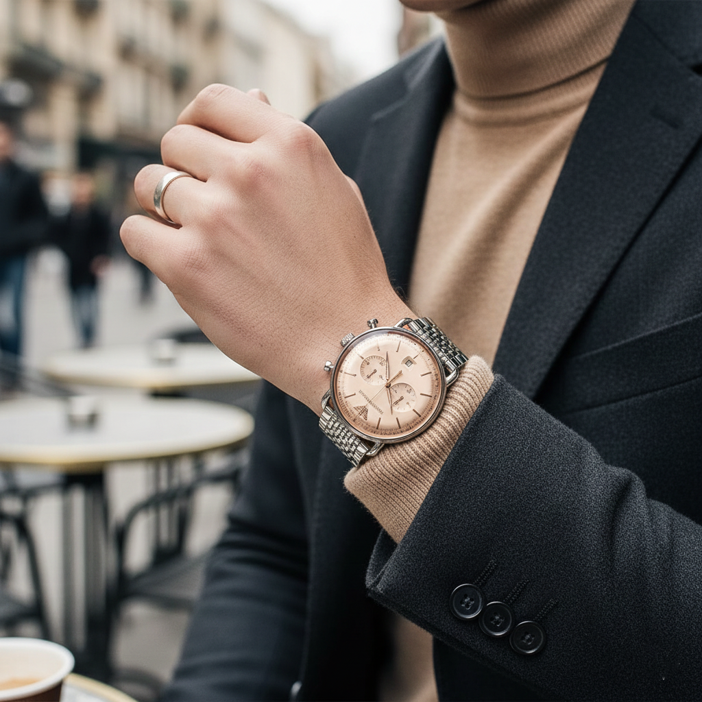 Emporio Armani Aviator AR11239 43mm Men's Chronograph Watch – Champagne Sunray & Rose Gold Stainless Steel Bracelet