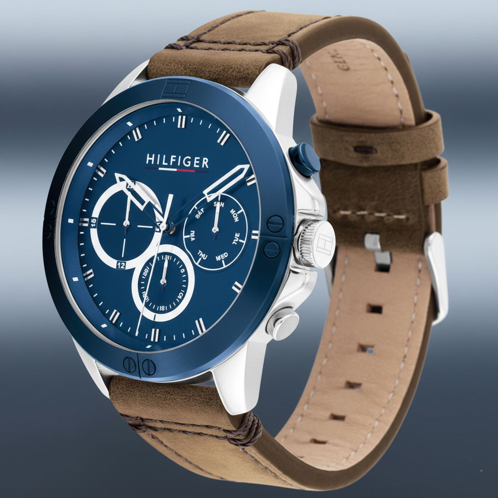 Tommy Hilfiger Harley 1791895 46mm Men's Multi-Function Watch – Blue & Brown Genuine Leather Strap