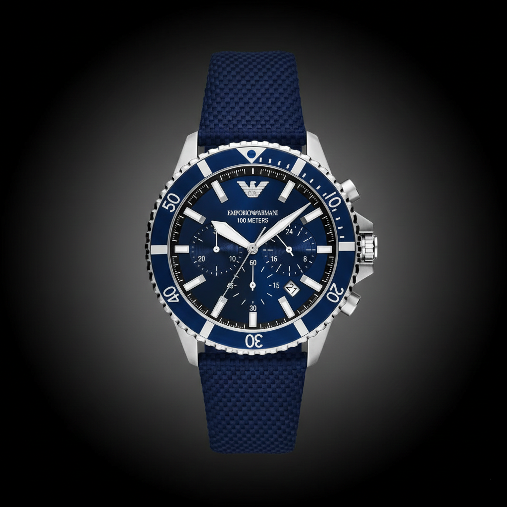 Emporio Armani Diver AR11588 43mm Men's Chronograph Watch – Blue Sunray & Blue Textile Strap